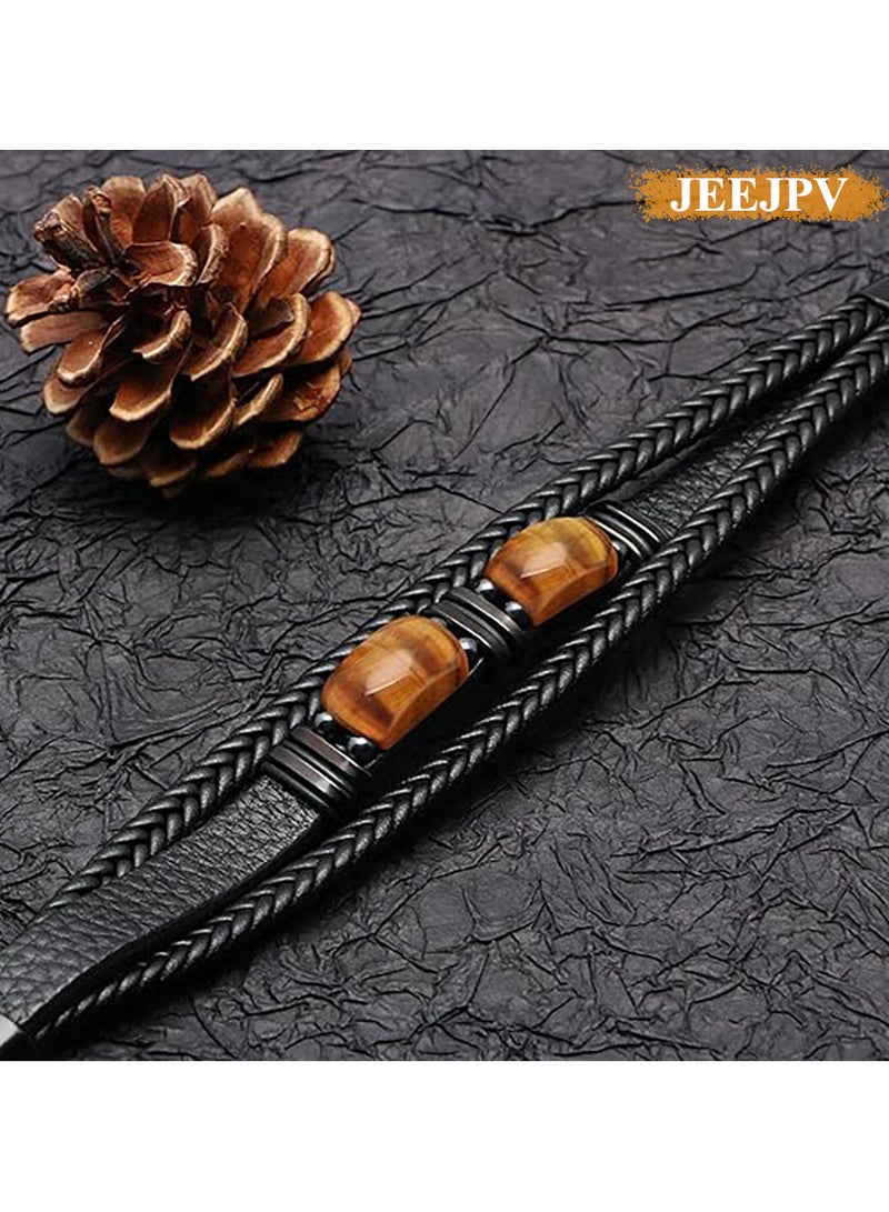 جيج بي في سوار رجالي من حجر عين النمر متعدد الطبقات من الجلد وسوار من الحجر وسوار بإبزيم مغناطيسي (الطول 22.5 سم) - Image 5