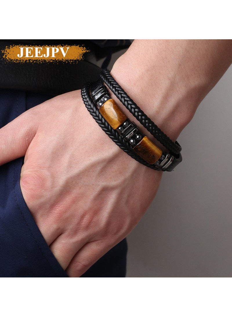 جيج بي في سوار رجالي من حجر عين النمر متعدد الطبقات من الجلد وسوار من الحجر وسوار بإبزيم مغناطيسي (الطول 22.5 سم) - Image 1