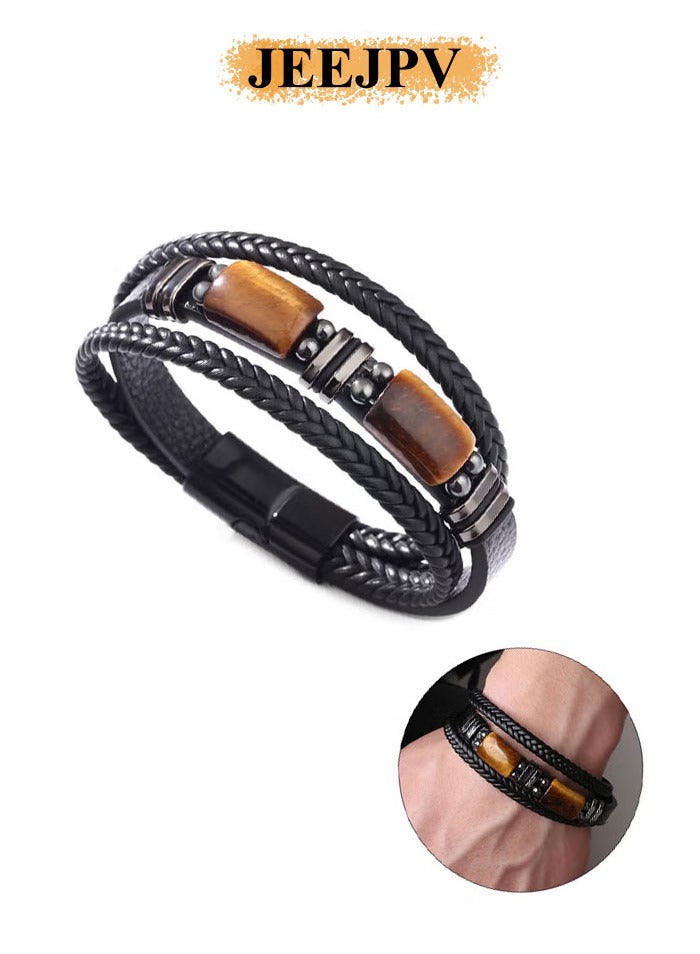 جيج بي في سوار رجالي من حجر عين النمر متعدد الطبقات من الجلد وسوار من الحجر وسوار بإبزيم مغناطيسي (الطول 22.5 سم) - Image 2