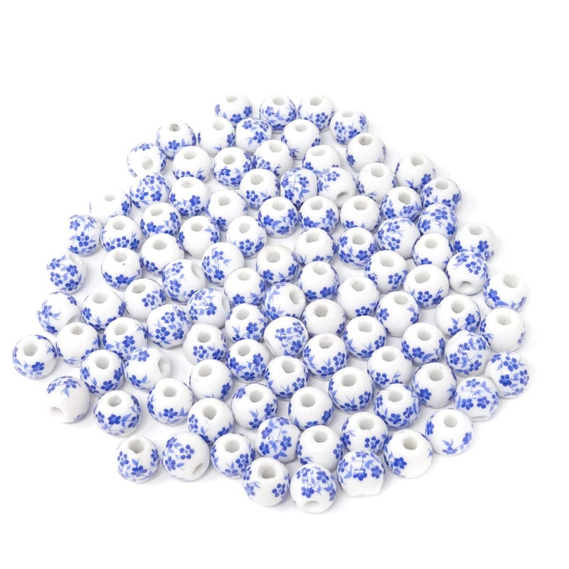 Honbay 100PCS 10mm Ceramic Beads Porcelain Flower Round Beads Spacer Beads Loose Beads with 1PCS Drawstring Bag for Necklaces Earrings Bracelets Making DIY Crafts Blue Flower