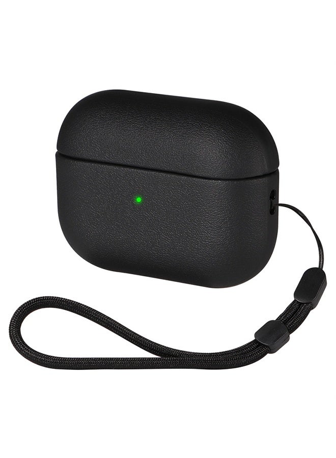 Case Compatible with Airpods Pro 2nd Generation, Leather Silicone Case Front LED Light Visible with Lanyard, Anti-drop Anti-scratch -  Black - Image 1