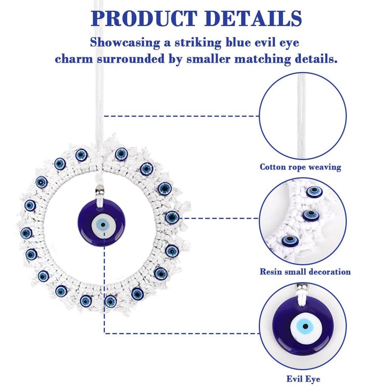 HASTHIP® Handmade Blue Evil Eye Charm Wall Ornament Macramé Cotton Rope Woven Round Resin Evil Eye Auspicious Wall Room Hanging Decor House Gift -17'' - Image 3