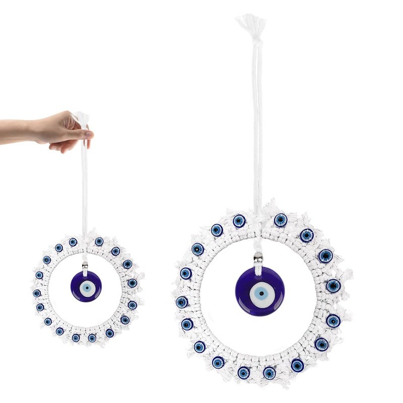 HASTHIP® Handmade Blue Evil Eye Charm Wall Ornament Macramé Cotton Rope Woven Round Resin Evil Eye Auspicious Wall Room Hanging Decor House Gift -17'' - Image 1