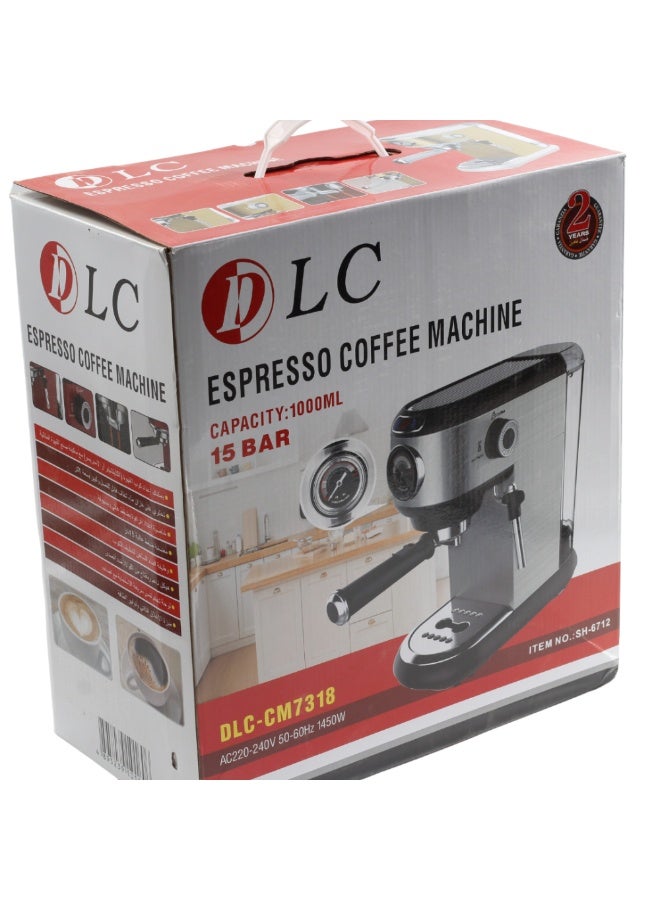 LC Espresso Coffee Machine Coffee Machine 15 Bar 1000ml Silver DLC-CM7318 - Image 1