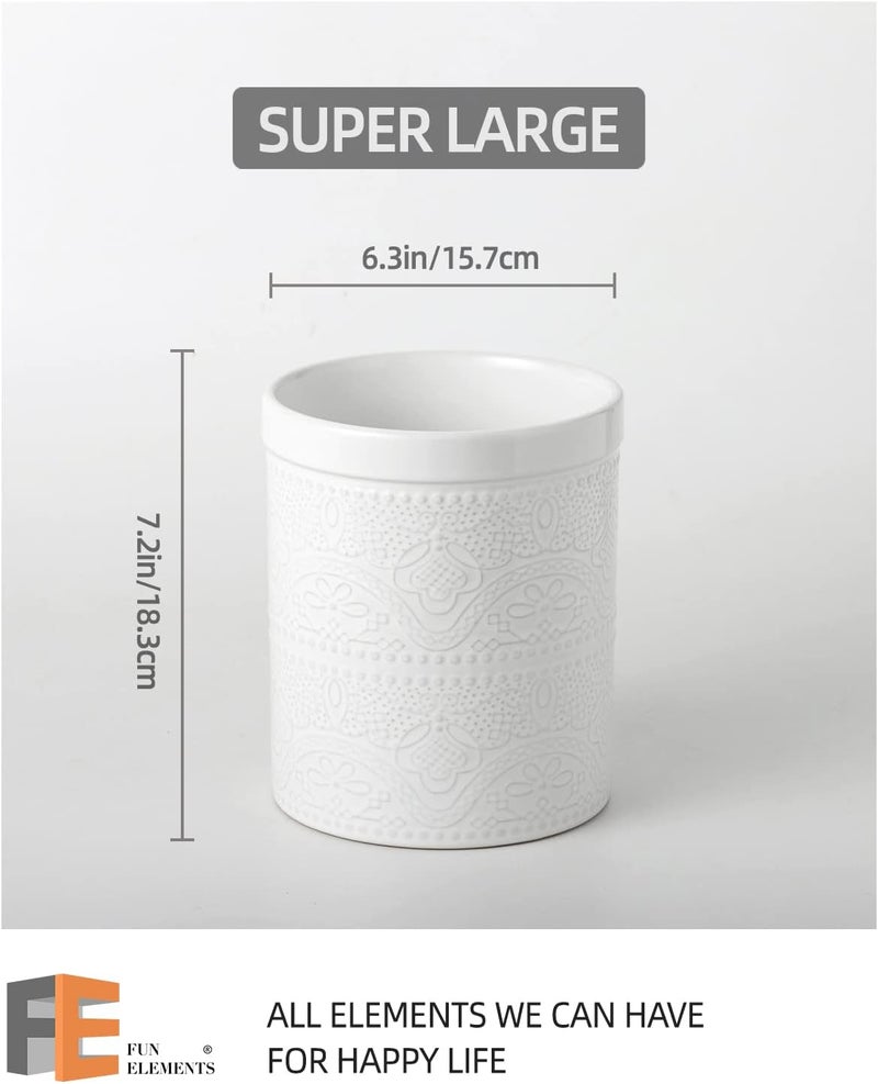 FE FUN ELEMENTS FUN ELEMENTS Kitchen Utensil Holder, 7.2" Super Large Utensil Crock Heavy and Stable Lace Emboss Ceramic Utensil Holder for Kitchen Counter (Bright White) - Image 5