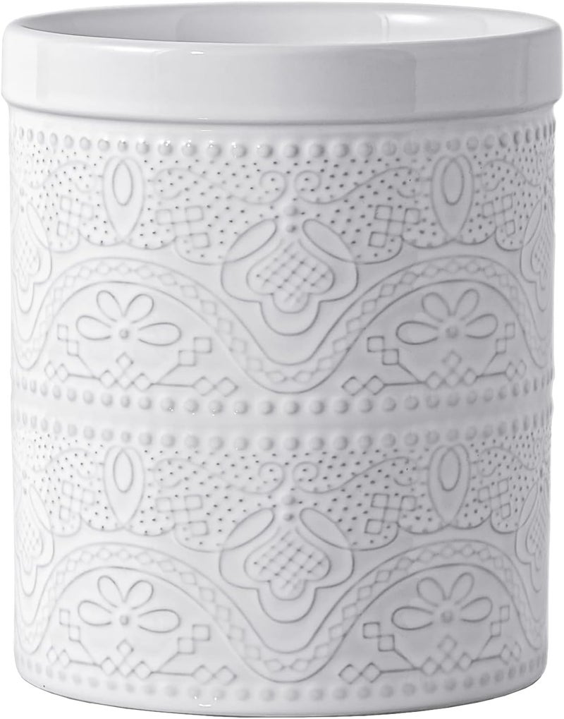 FE FUN ELEMENTS FUN ELEMENTS Kitchen Utensil Holder, 7.2" Super Large Utensil Crock Heavy and Stable Lace Emboss Ceramic Utensil Holder for Kitchen Counter (Bright White) - Image 1