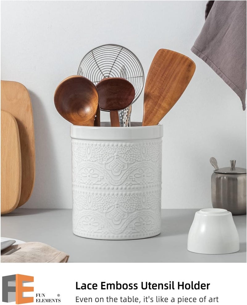FE FUN ELEMENTS FUN ELEMENTS Kitchen Utensil Holder, 7.2" Super Large Utensil Crock Heavy and Stable Lace Emboss Ceramic Utensil Holder for Kitchen Counter (Bright White) - Image 2