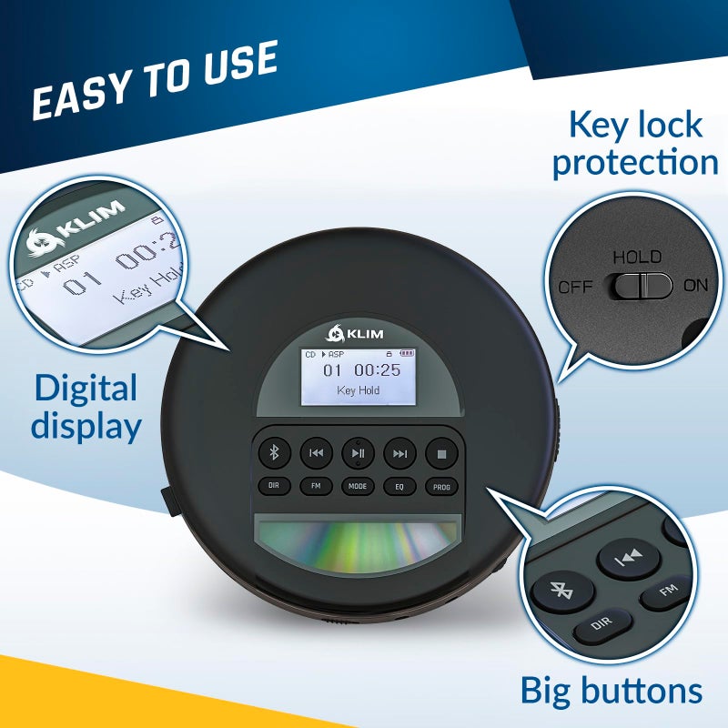 KLIM Nomad with Headset - New Version - Portable CD Player Walkman with Long-Lasting Battery - Radio FM - Compatible MP3 CD Player Portable - TF Card Radio FM Bluetooth - Ideal for Cars - Black - Image 4