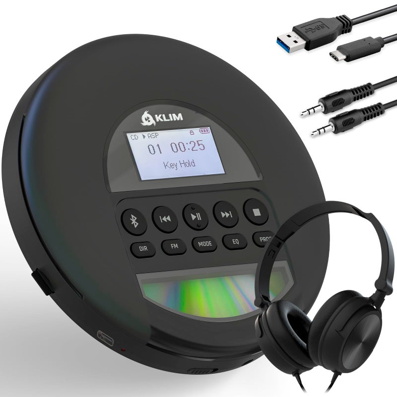 KLIM Nomad with Headset - New Version - Portable CD Player Walkman with Long-Lasting Battery - Radio FM - Compatible MP3 CD Player Portable - TF Card Radio FM Bluetooth - Ideal for Cars - Black - Image 1