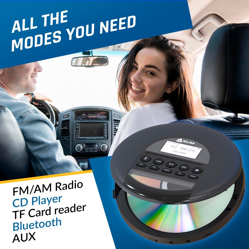 KLIM Nomad with Headset - New Version - Portable CD Player Walkman with Long-Lasting Battery - Radio FM - Compatible MP3 CD Player Portable - TF Card Radio FM Bluetooth - Ideal for Cars - Black - Image 3