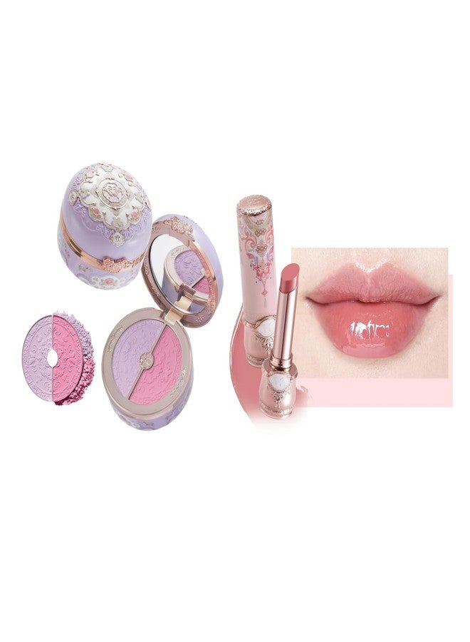 Flower Knows Butterfly Cloud Collar Rouge Box Highlighting & Blush Duo Powder and Glossy Lipstick Set,Tone Matte for Cheeks Bulidable,Soft Tinted Lip Gloss Balm(04 Fluttering Romance+C06 Cardamom)