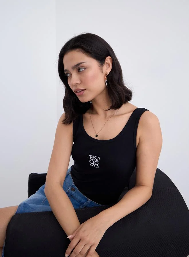ستايلي Styli Black Embroidered Ribbed Bodysuit