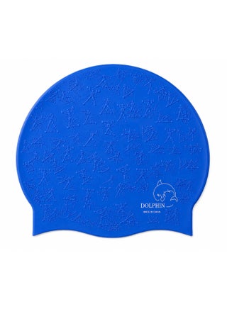 Dolphin silicone swim cap for adults and children - embossed sports print - flexible, comfortable, and waterproof - blue color