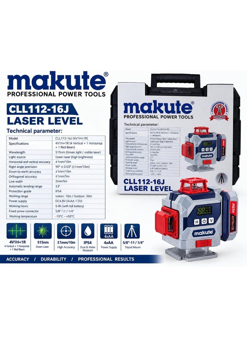 makute 4D 16-Line Green Beam Laser Level, 360° Horizontal & Vertical Lines, Automatic Self-Leveling, 2 Rechargeable Batteries, Tripod & Remote Control, CLL112-16J - Image 2