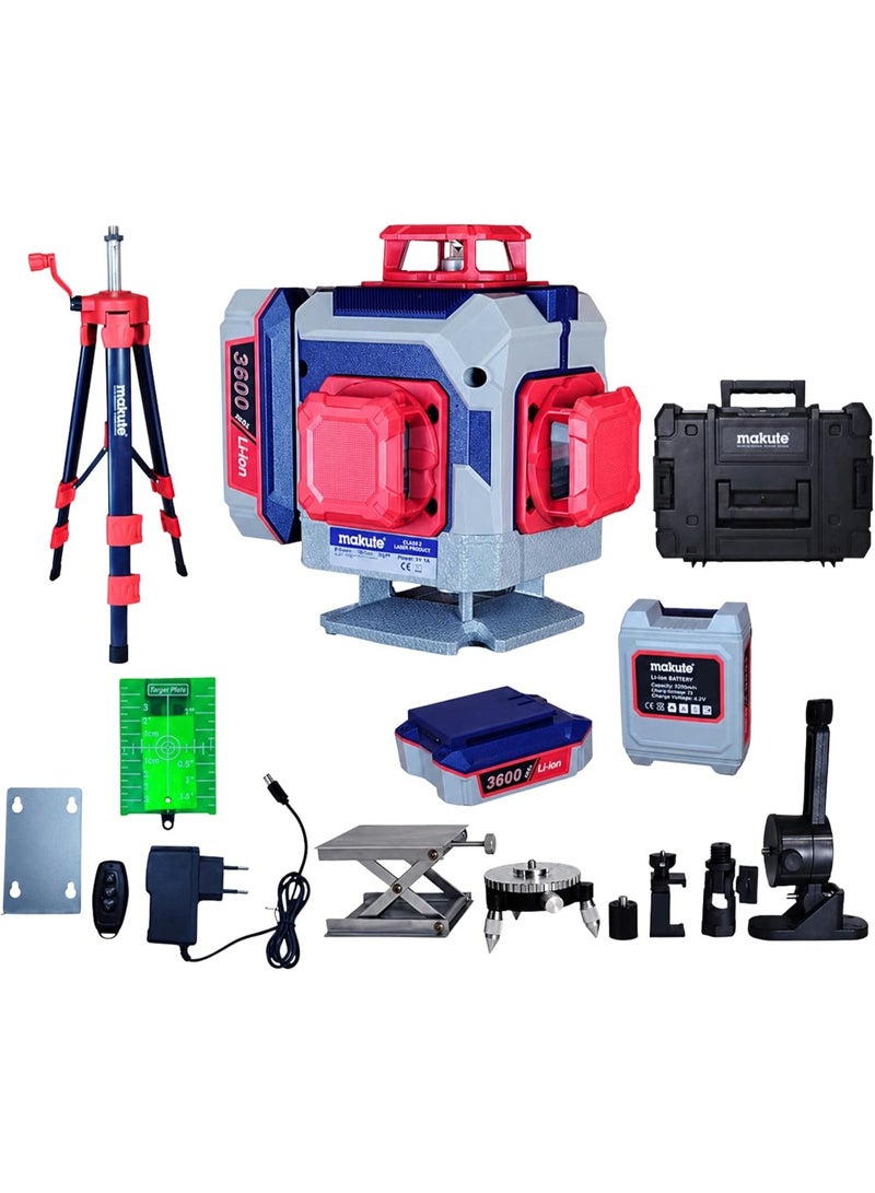 makute 4D 16-Line Green Beam Laser Level, 360° Horizontal & Vertical Lines, Automatic Self-Leveling, 2 Rechargeable Batteries, Tripod & Remote Control, CLL112-16J - Image 1