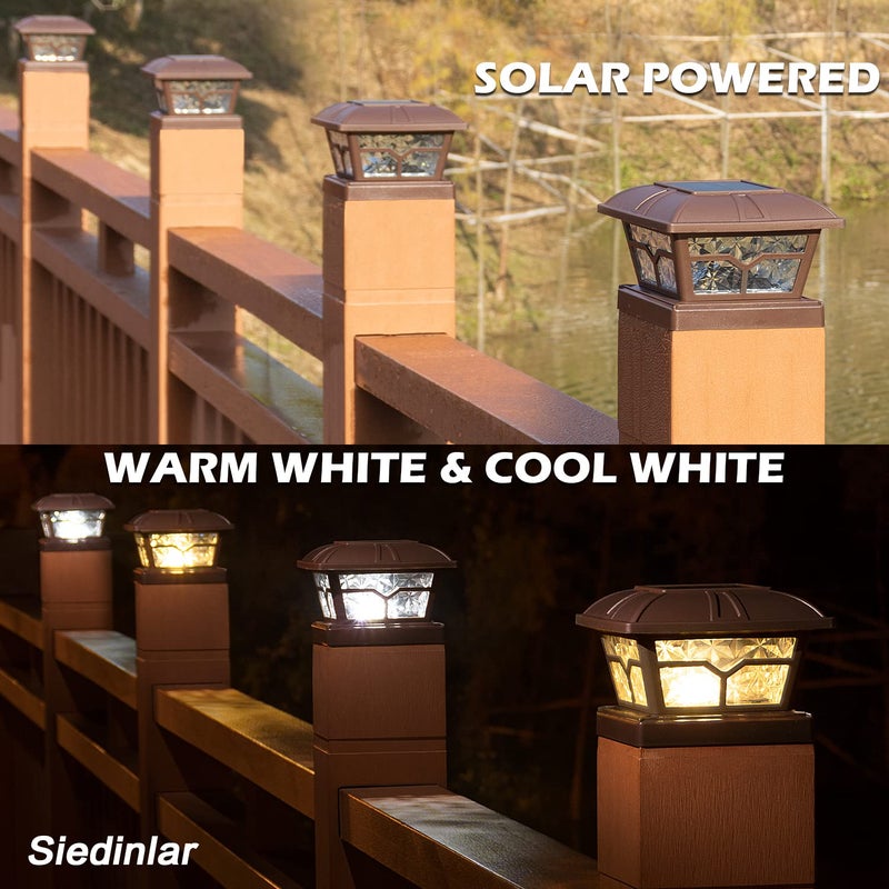 SIEDiNLAR SIEDiNLAR Solar Post Cap Lights Outdoor 2 Color Modes 8 LEDs for 4x4 5x5 6x6 Posts Fence Deck Patio Decoration Warm White & Cool White Lighting Brown (4 Pack)  - Image 2
