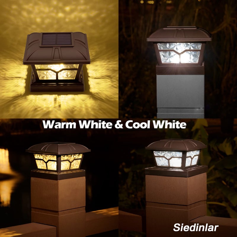 SIEDiNLAR SIEDiNLAR Solar Post Cap Lights Outdoor 2 Color Modes 8 LEDs for 4x4 5x5 6x6 Posts Fence Deck Patio Decoration Warm White & Cool White Lighting Brown (4 Pack)  - Image 4