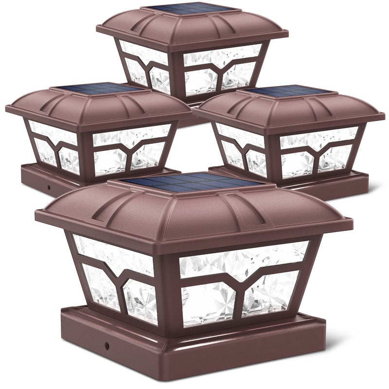 SIEDiNLAR SIEDiNLAR Solar Post Cap Lights Outdoor 2 Color Modes 8 LEDs for 4x4 5x5 6x6 Posts Fence Deck Patio Decoration Warm White & Cool White Lighting Brown (4 Pack)  - Image 1