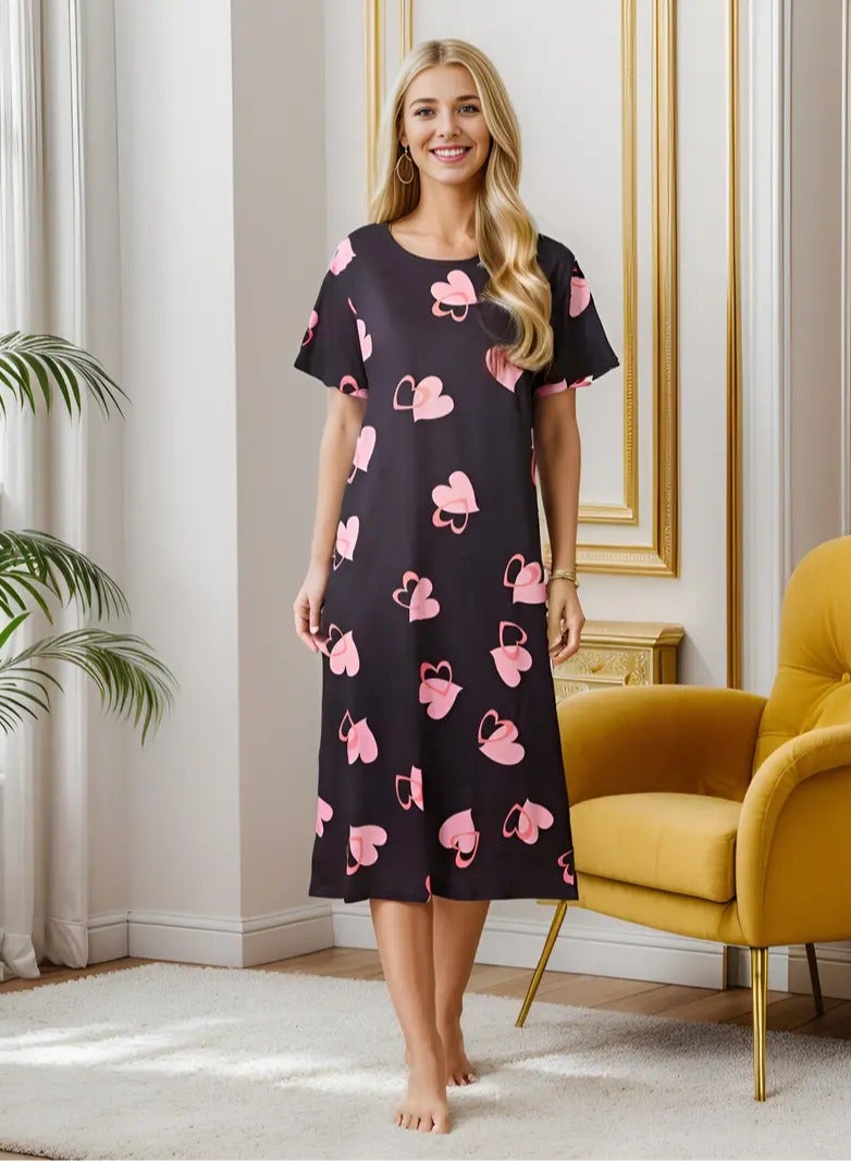 Cool and Soft Casual Home Dress Comfortable Sleep Loose Short Casual Elegant Heart Print Short Sleeve Round Collar Comfortable Home Dress Size XL  - Image 1