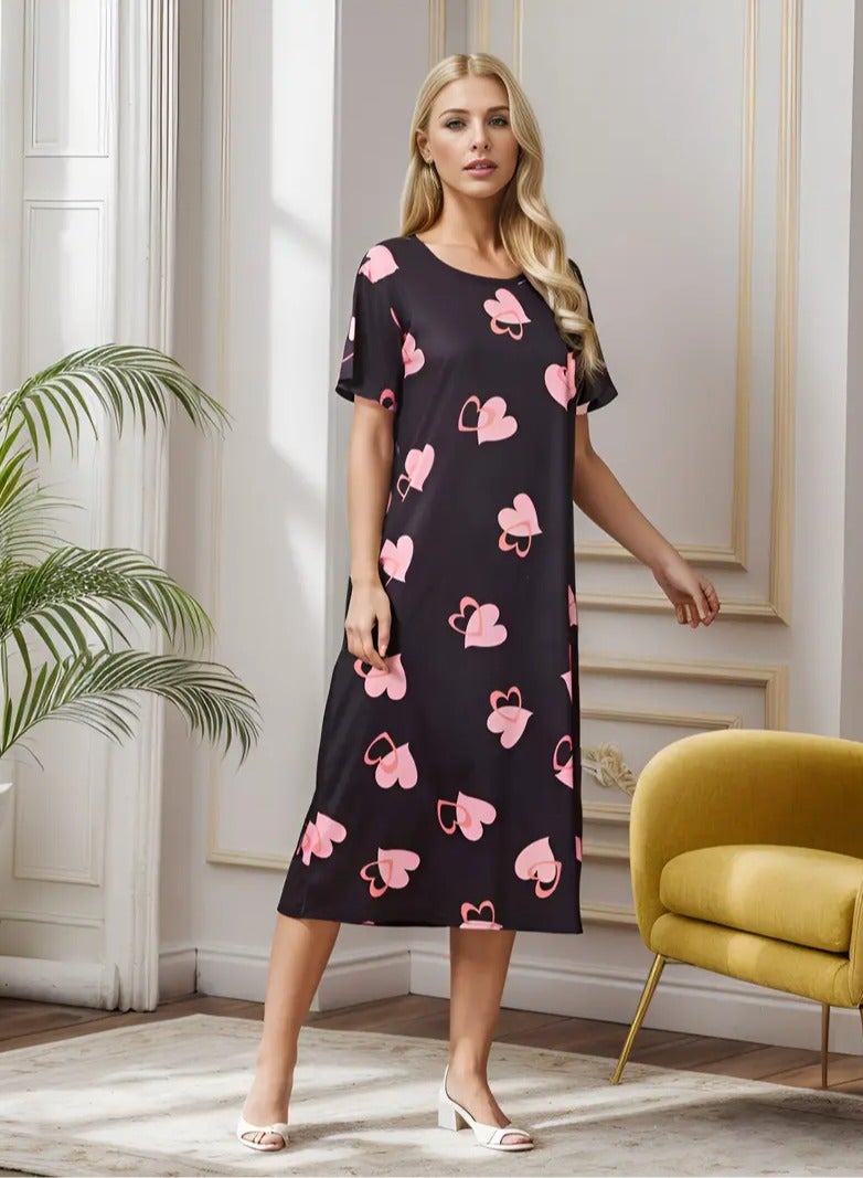 Cool and Soft Casual Home Dress Comfortable Sleep Loose Short Casual Elegant Heart Print Short Sleeve Round Collar Comfortable Home Dress Size XL  - Image 3