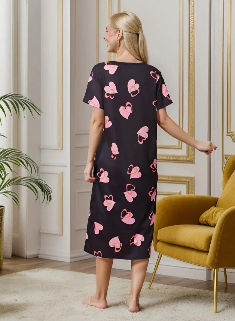 Cool and Soft Casual Home Dress Comfortable Sleep Loose Short Casual Elegant Heart Print Short Sleeve Round Collar Comfortable Home Dress Size XL  - Image 5