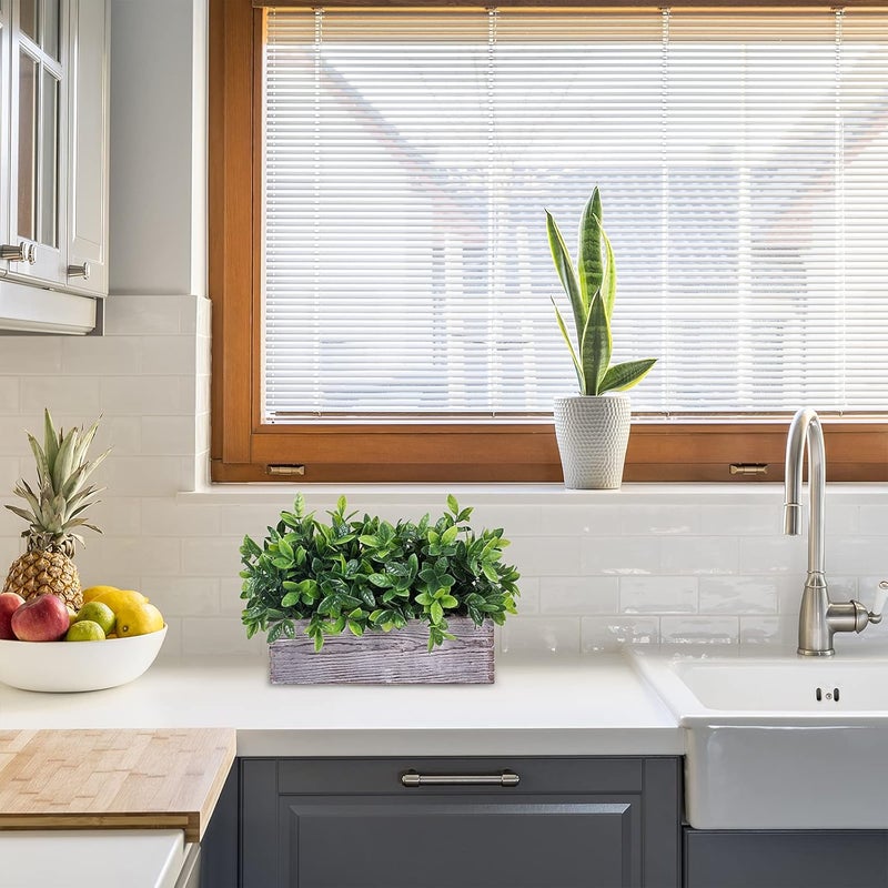 Winlyn Artificial Eucalyptus Plant in Rustic Rectangular Wooden Planter Box Faux Potted Herb Plant Greenery Arrangement for Farmhouse Indoor Wedding Table Centerpiece Mantel Shelf Kitchen Decor - Image 5