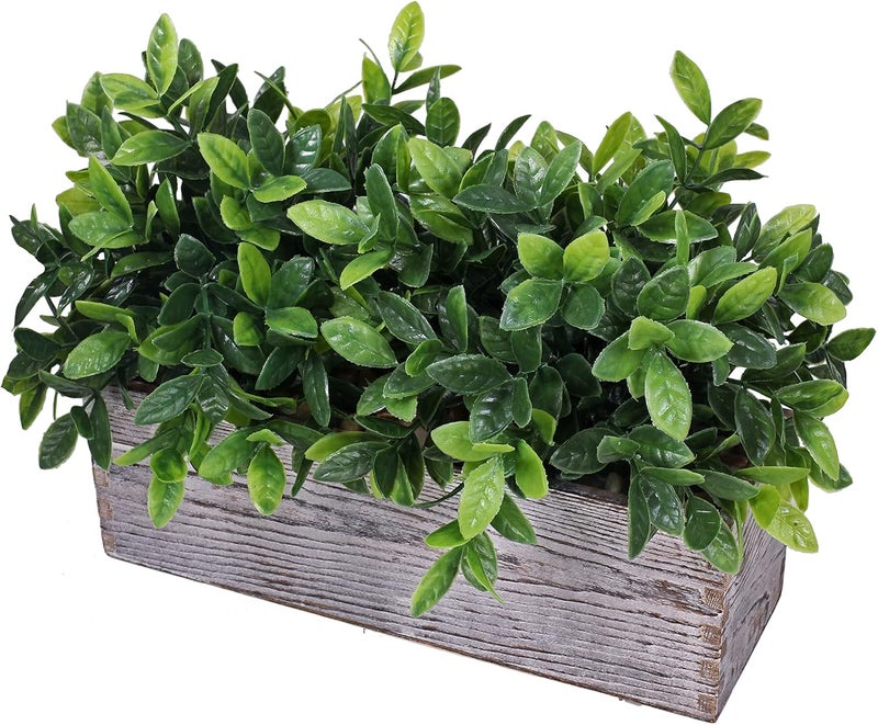 Winlyn Artificial Eucalyptus Plant in Rustic Rectangular Wooden Planter Box Faux Potted Herb Plant Greenery Arrangement for Farmhouse Indoor Wedding Table Centerpiece Mantel Shelf Kitchen Decor - Image 2