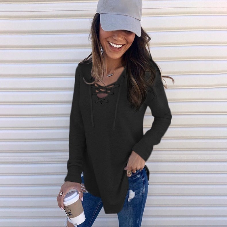 Autumn and winter cross-border new European and American solid color pullover V-neck straps loose top long-sleeved T-shirt one piece on behalf of the hair black S - Image 3