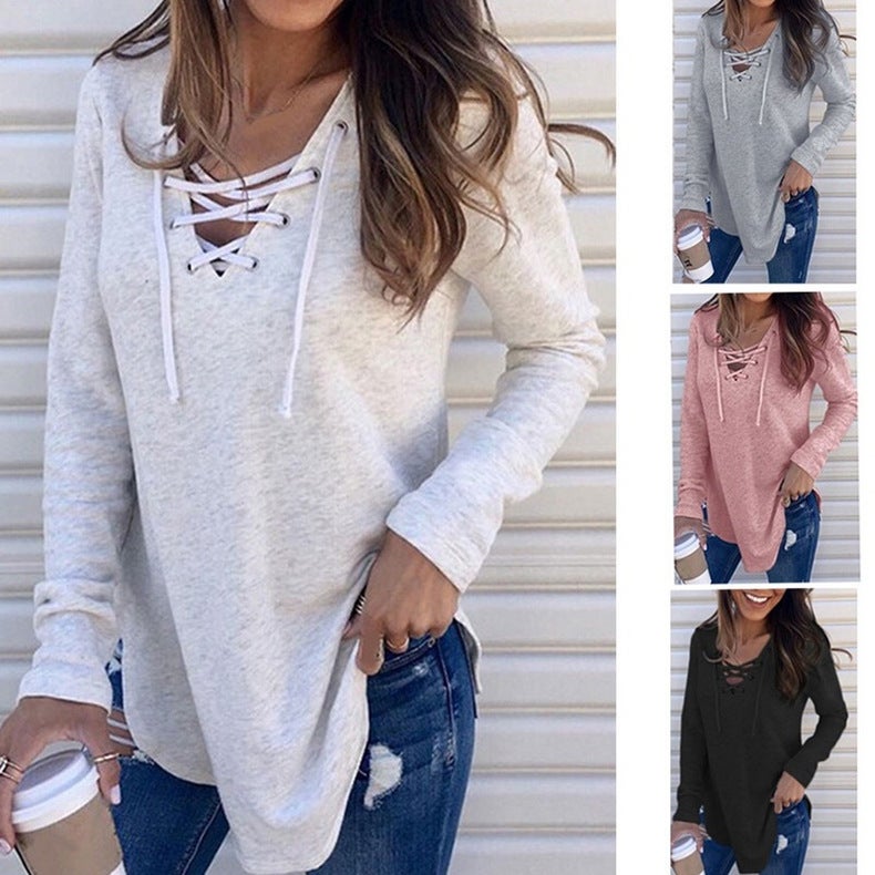 Autumn and winter cross-border new European and American solid color pullover V-neck straps loose top long-sleeved T-shirt one piece on behalf of the hair black S - Image 2