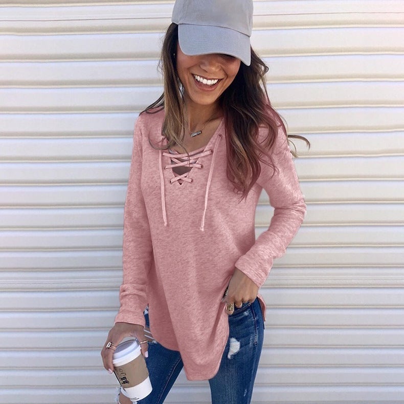 Autumn and winter cross-border new European and American solid color pullover V-neck straps loose top long-sleeved T-shirt one piece on behalf of the hair black S - Image 4