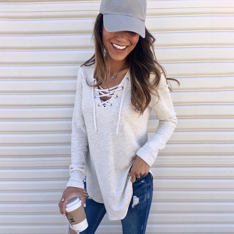 Autumn and winter cross-border new European and American solid color pullover V-neck straps loose top long-sleeved T-shirt one piece on behalf of the hair black S - Image 5