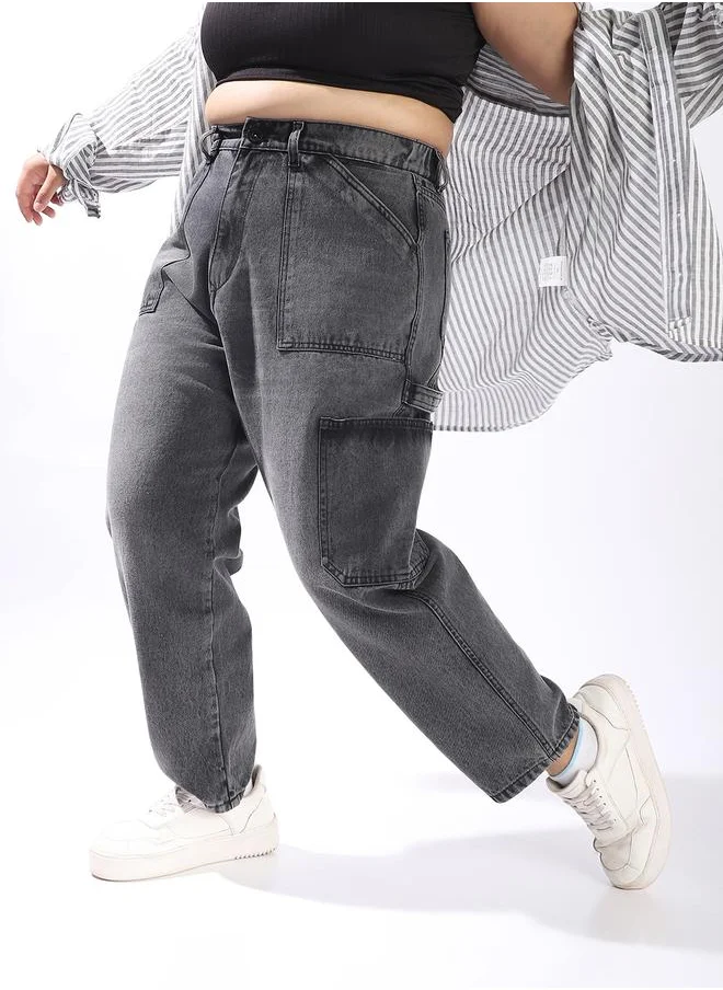 HIGH STAR Grey Jeans Plain Button Woven Full Plus Size Cargo High-Rise for Women – Style that defines you