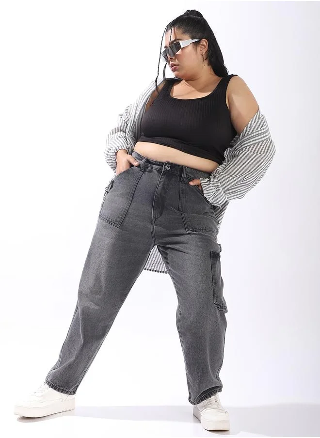 HIGH STAR Grey Jeans Plain Button Woven Full Plus Size Cargo High-Rise for Women – Style that defines you