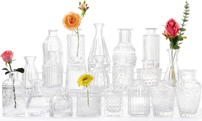 GLASS BUD VASES SET OF 20 FOR FLOWERS SMALL CLEAR BUD VASES IN BULK FOR CENTERPIECES HOME DECOR MINI GLASS ASSORTED FOR RUSTIC WEDDING FLORAL ARRANGEMENTS HOME TABLE DECORATIONS