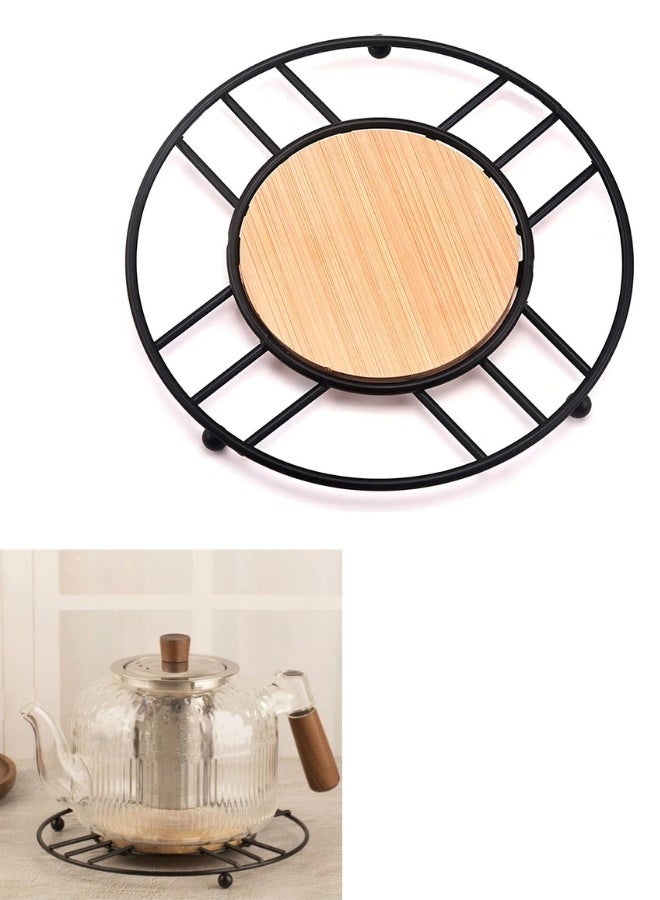 Round Design Hot Pot and Cup Coaster 18cm - Stylish Modern Metal and Wood Design Hot Pot Base - Heat Resistant to Protect Surfaces and Serve Dishes - Mug and Hot Pot Coaster for Home and Kitchen (Wooden and Black) - Image 1