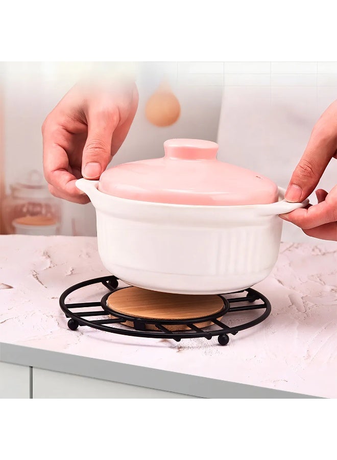 Round Design Hot Pot and Cup Coaster 18cm - Stylish Modern Metal and Wood Design Hot Pot Base - Heat Resistant to Protect Surfaces and Serve Dishes - Mug and Hot Pot Coaster for Home and Kitchen (Wooden and Black) - Image 4