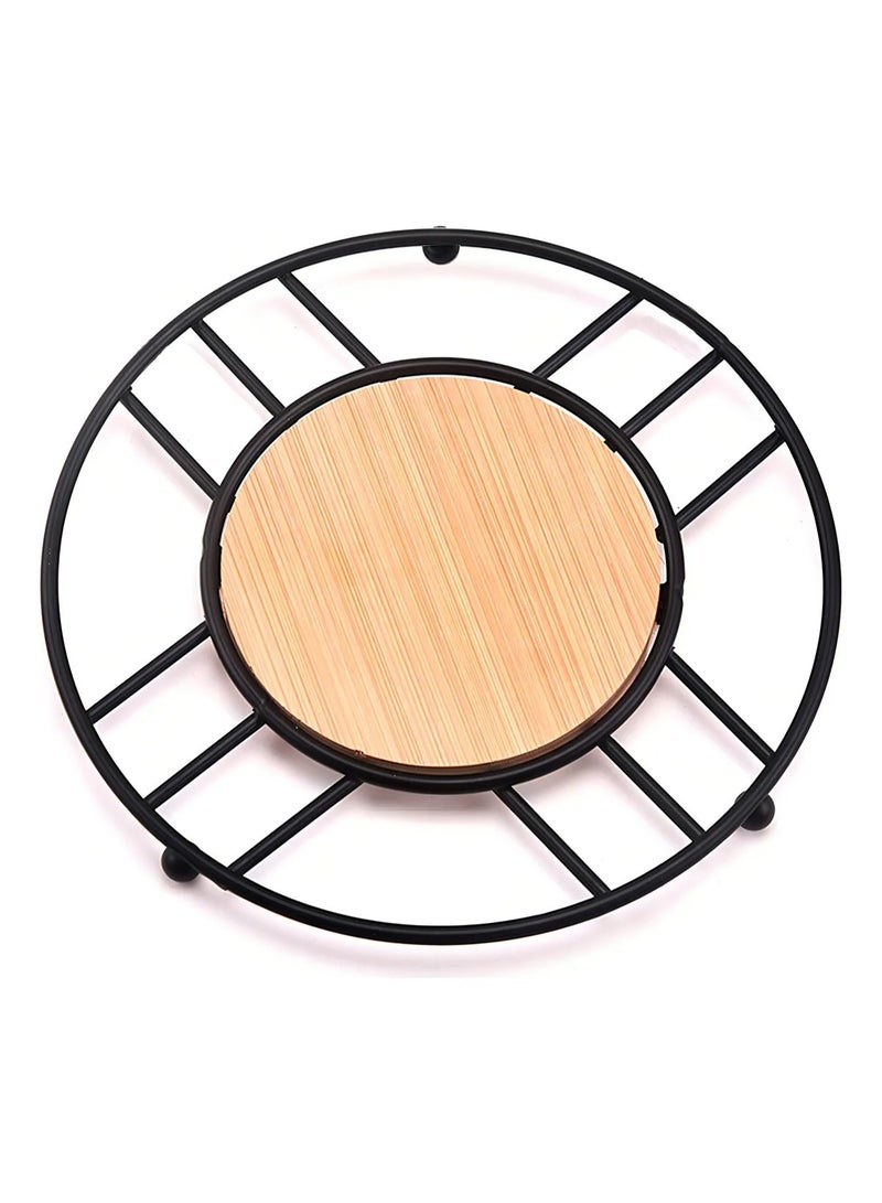 Round Design Hot Pot and Cup Coaster 18cm - Stylish Modern Metal and Wood Design Hot Pot Base - Heat Resistant to Protect Surfaces and Serve Dishes - Mug and Hot Pot Coaster for Home and Kitchen (Wooden and Black) - Image 3