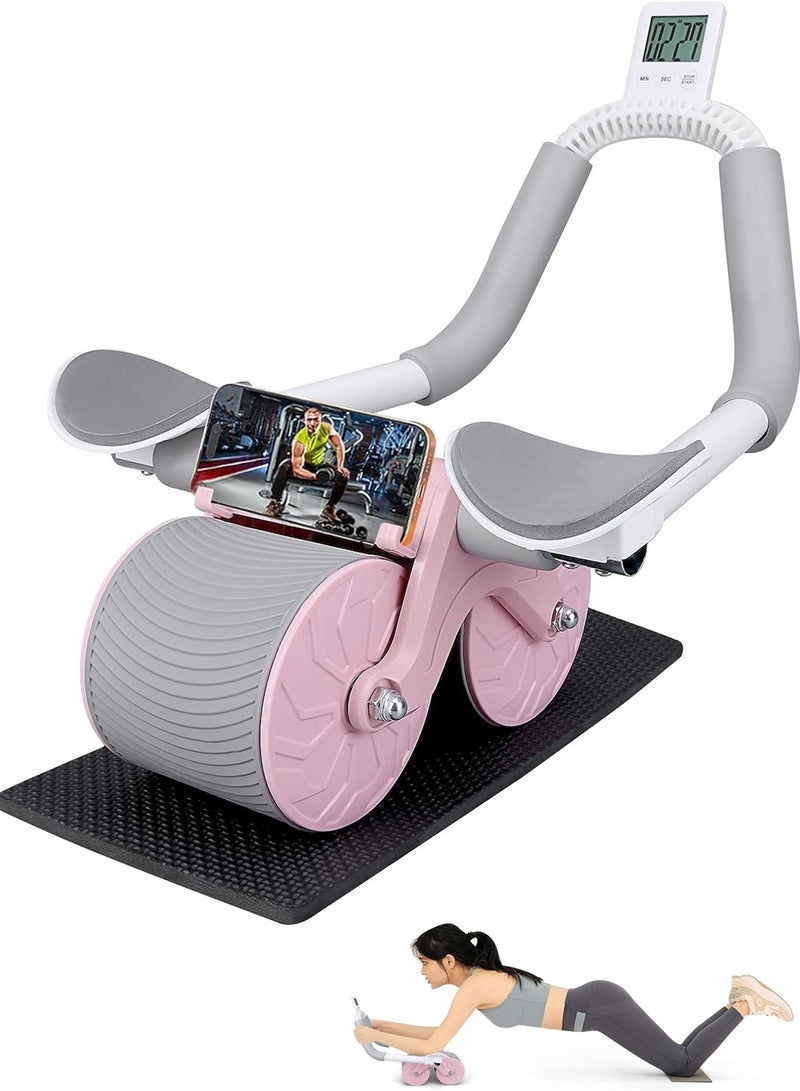 Rock Pow Automatic Rebound Abdominal Wheel Ab Roller Wheel with Timer Elbow Support for Beginners Exercise Double Wheel with Knee Mat Holder for Body Fitness Strength Training Home Gym - Image 1