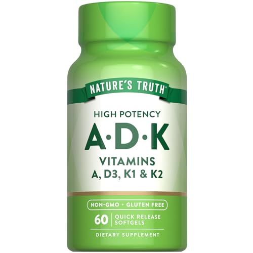 Natures Truth Vitamin ADK 60 Softgels High Potency of Vitamin A D3 K1 K2 NonGMO Gluten Free Supplement