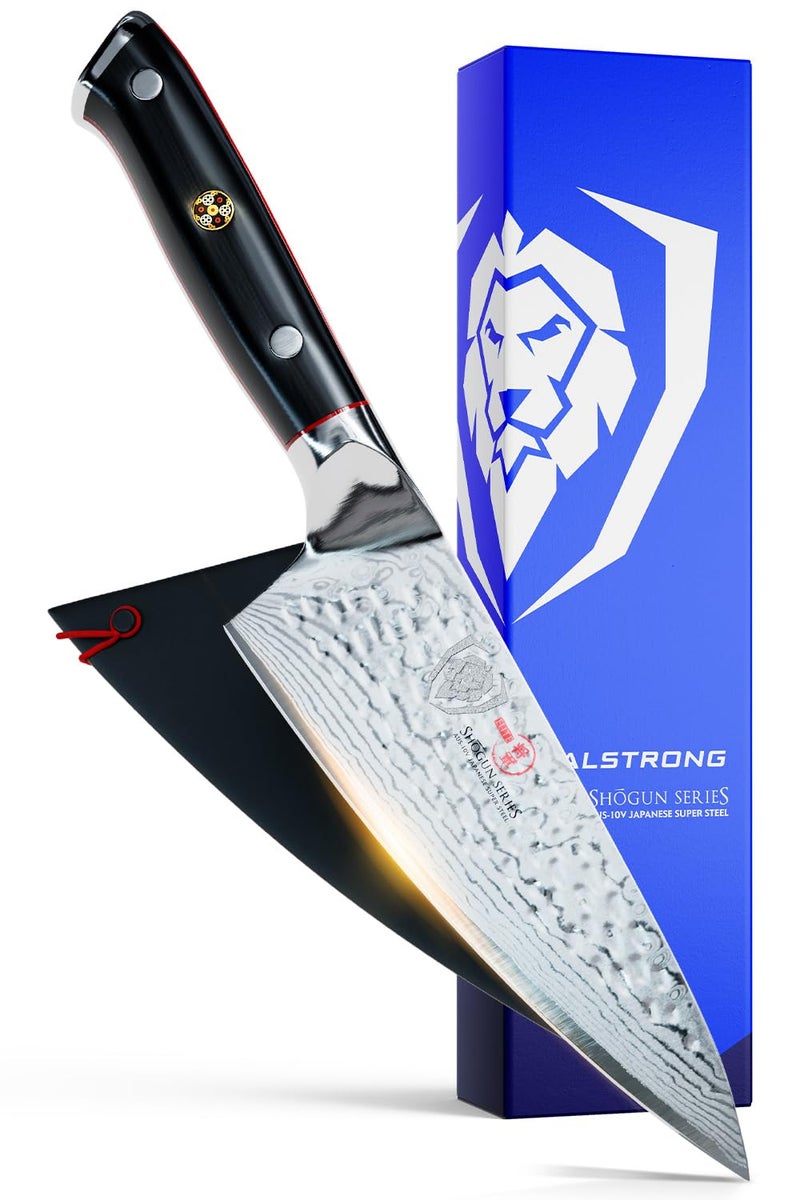 Dalstrong Chef Knife - 6 inch Blade - Shogun Series ELITE - Damascus - Japanese AUS-10V Super Steel - G10 Black Handle - Razor Sharp Kitchen Knife - Hammered Finish Chef's Knife - Sheath - Image 1