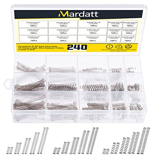 Mardatt 240 Pcs 15 Sizes Compression Springs Assortment Kit Mini Stainless Steel Springs for Repairs with Case, OD 4mm 5mm 6mm, 10-50mm Length, Wire Diameter 0.3mm, 0.4mm, 0.5mm - Image 1