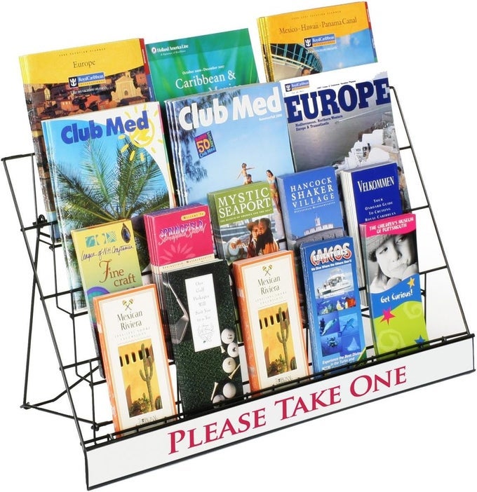 COUNTERTOP DISPLAY RACK FOR LITERATURE 4 OPEN TIERS WORK WITH MAGAZINES AND BROCHURES EACH LEVEL HOLDS UP TO 3 85X11 MAGAZINES BLACK WIRE