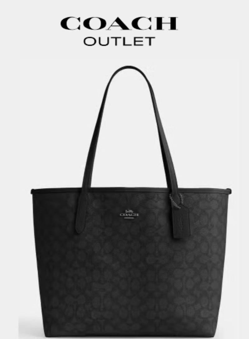 coachoutlet Coach City Tote Bag In Signature Canvas, Women's Cross Body Bag, Women's Hand Bag, Women's Shoulder Bag, Women's Travel Bag, Charcoal-Black - Image 1