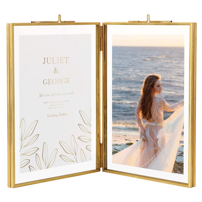 TLBTEK 5x7 inch Brass Double Glass Picture FrameFolding Gold Metal Pressed Clear DIY Vintage Artwork Display Frame