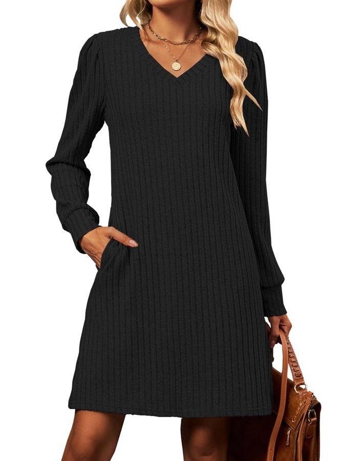 Halife Womens Knit Long Sleeve Fall Dresses Casual V Neck Tunic Sweater Dresses with Pockets, Black, S - Image 2