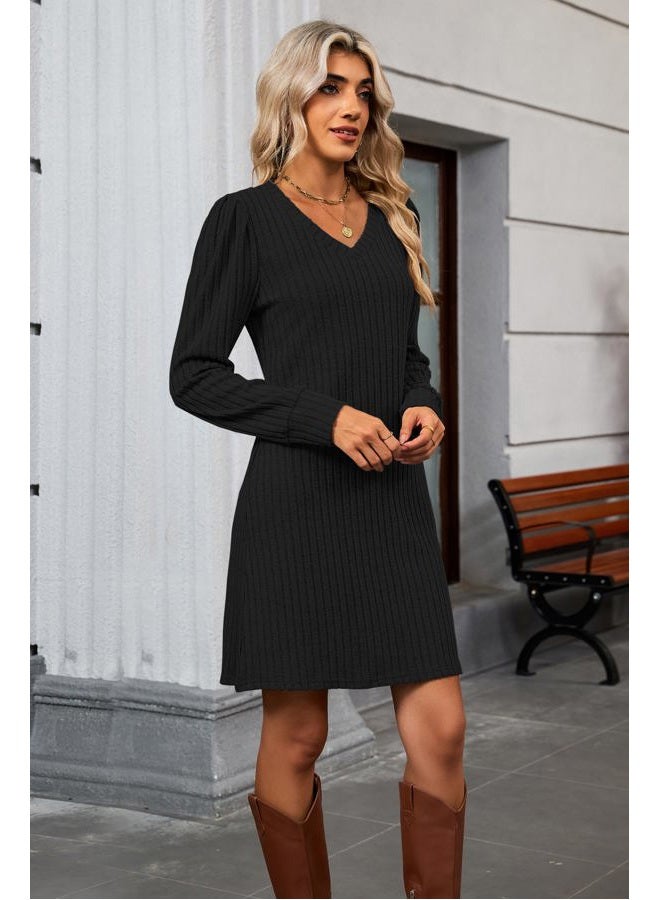 Halife Womens Knit Long Sleeve Fall Dresses Casual V Neck Tunic Sweater Dresses with Pockets, Black, S - Image 4