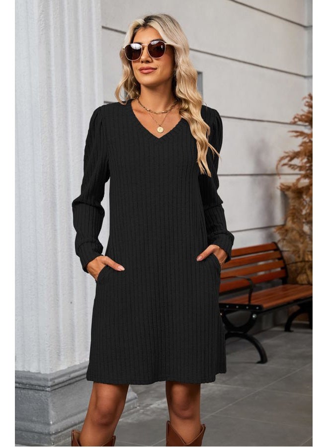 Halife Womens Knit Long Sleeve Fall Dresses Casual V Neck Tunic Sweater Dresses with Pockets, Black, S - Image 5