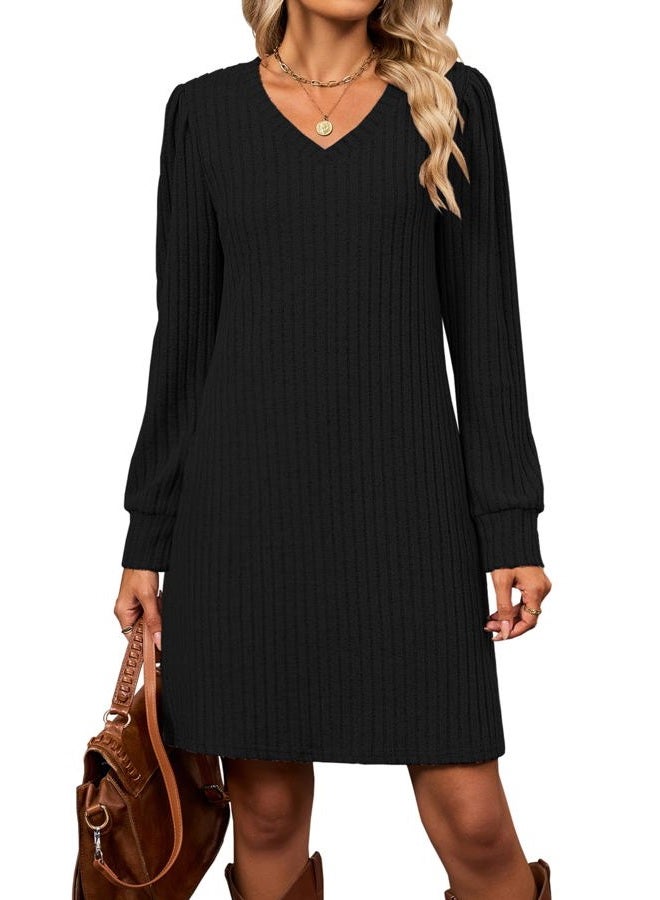 Halife Womens Knit Long Sleeve Fall Dresses Casual V Neck Tunic Sweater Dresses with Pockets, Black, S - Image 1