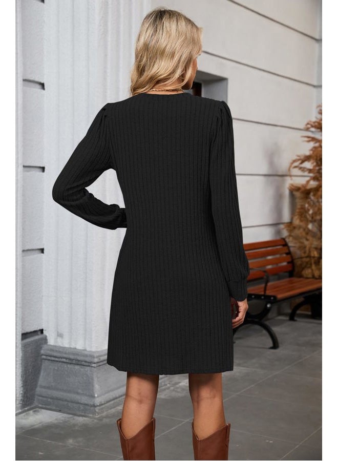 Halife Womens Knit Long Sleeve Fall Dresses Casual V Neck Tunic Sweater Dresses with Pockets, Black, S - Image 3