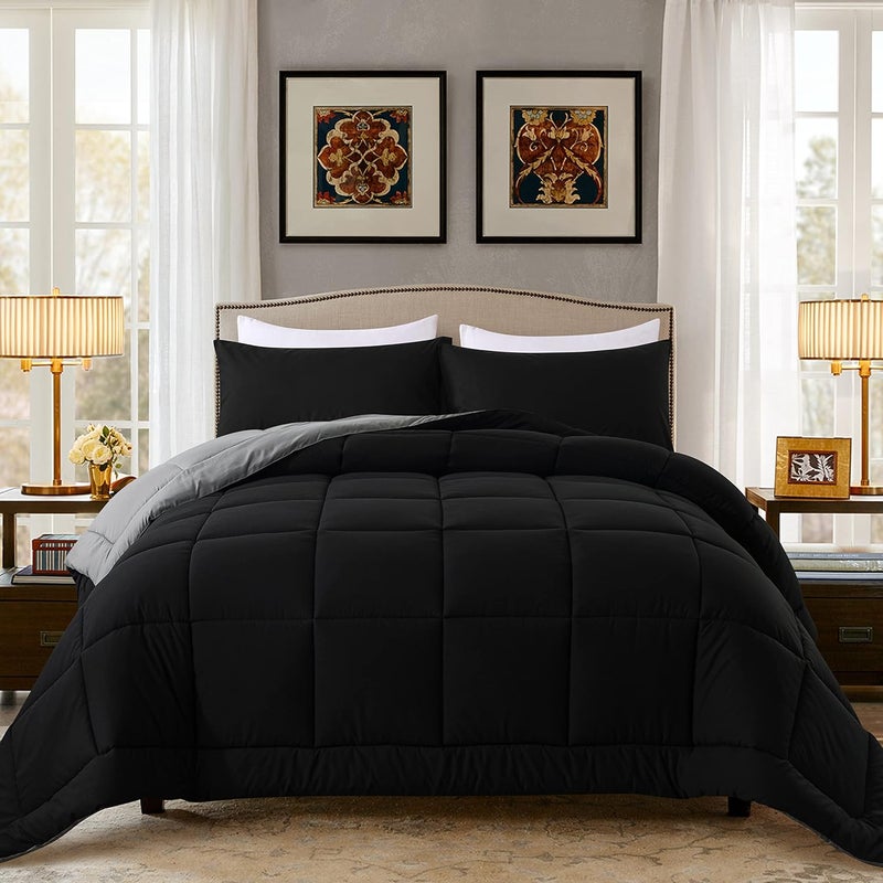 DOWNCOOL Twin Comforter Set -All Season Bedding Comforters Sets with 1 Pillow Case -2 Pieces Bed Set Down Alternative Comforter Set -Black/Grey Twin Bedding Sets(64"x88") - Image 1